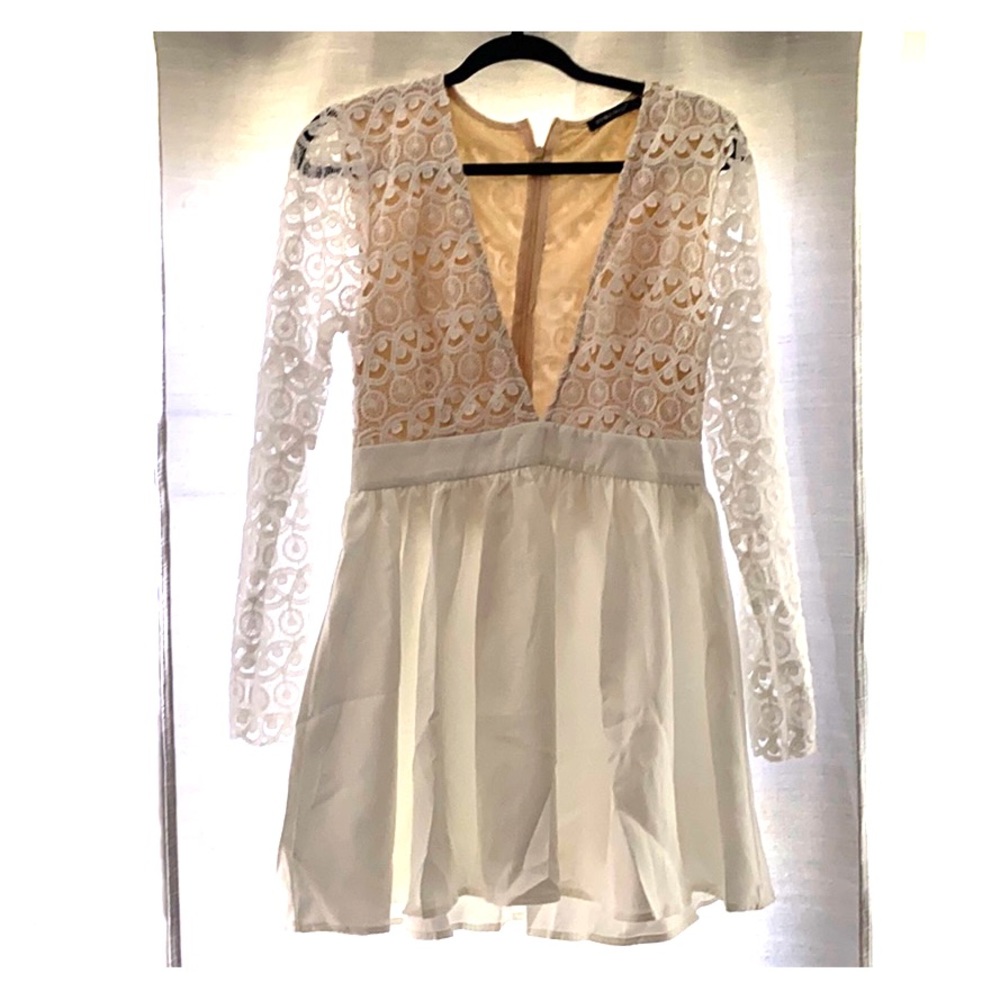 White Lace Sleeve Short Dress - Deep VNeck Line